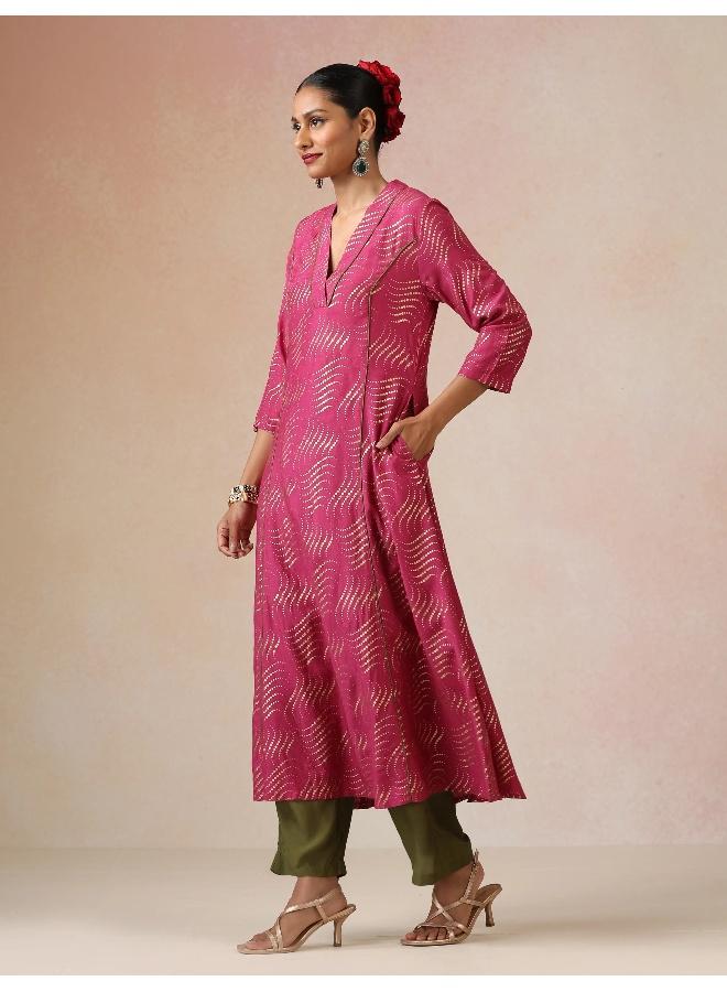 trueBrowns Pink Gold Foil Print Muslin Silk A-line Kurta Set - Image 1