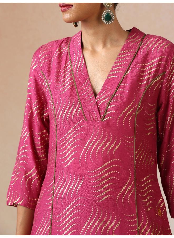 trueBrowns Pink Gold Foil Print Muslin Silk A-line Kurta Set - Image 4