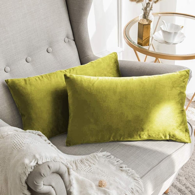 Khooti Rectangular Velvet Cushion Cover, 12x18 (Olive)(Pack of 2) - Image 1