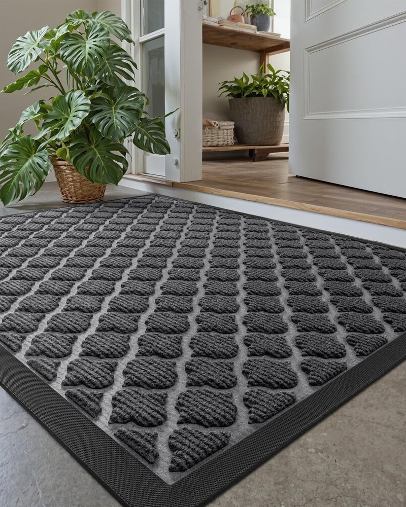 DEXI Front Door Mat Outside Entrance, 17x29 Entryway Rubber Back Doormat Heavy Duty, Non Slip Low Profile Welcome Entry Mats for Inside House Floor Exterior Patio, Floral Black - Image 1