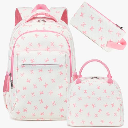 LEDAOU Backpack for Kids Girls Boys School Bags Teen Bookbags Set School Backpack with Lunch Box and Pencil Case Pink Bow - Image 1
