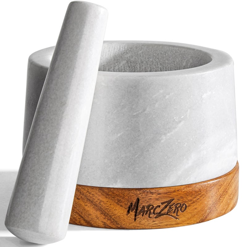 MarcZero MarcZero 6inch Large Mortar and Pestle Set with AntiScratch Wooden Base Heavy Duty Mortar and Pestle Made of Natural MarbleWhite 