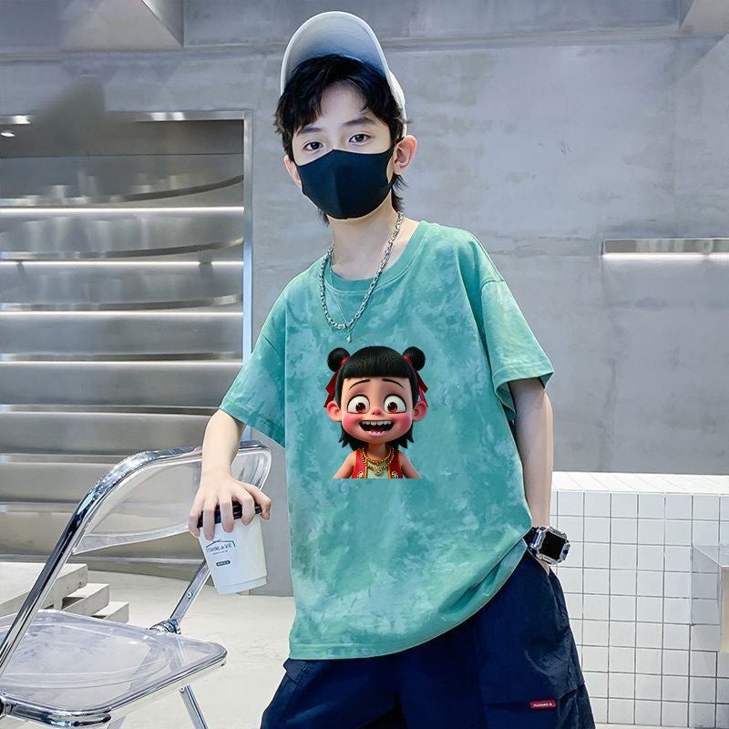 Boys' Short-sleeved Children's 2025 T-shirt Cotton New Half-sleeved Loose Tie-dyed Top for Middle and Big Children for Summer - Image 1