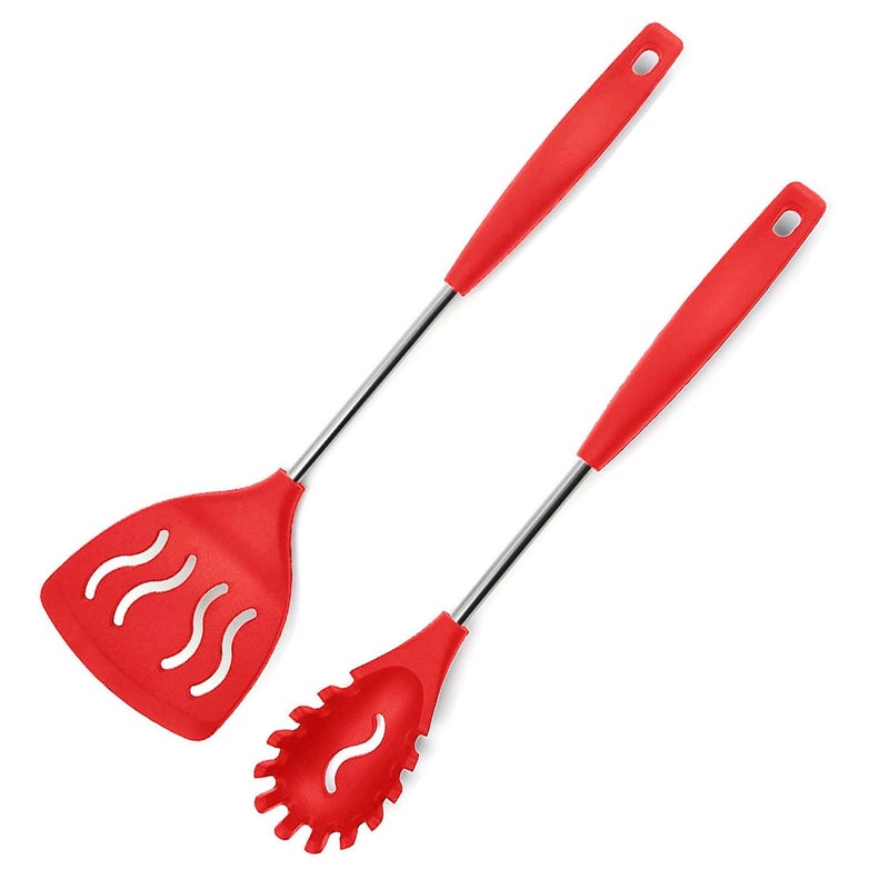 WOODTULA WOODTULA Slotted Spoon Silicone Turner Spatula Spoon Fork Silicone Pasta Server Best Turner Spatulas Spagethi Server Egg Flipper Non Stick Slotted Kitchen Spatulas Palta for Kitchen Set of 2 Red  - Image 1
