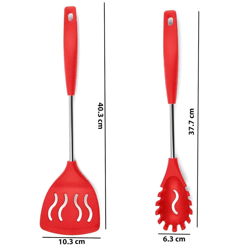 WOODTULA WOODTULA Slotted Spoon Silicone Turner Spatula Spoon Fork Silicone Pasta Server Best Turner Spatulas Spagethi Server Egg Flipper Non Stick Slotted Kitchen Spatulas Palta for Kitchen Set of 2 Red  - Image 2