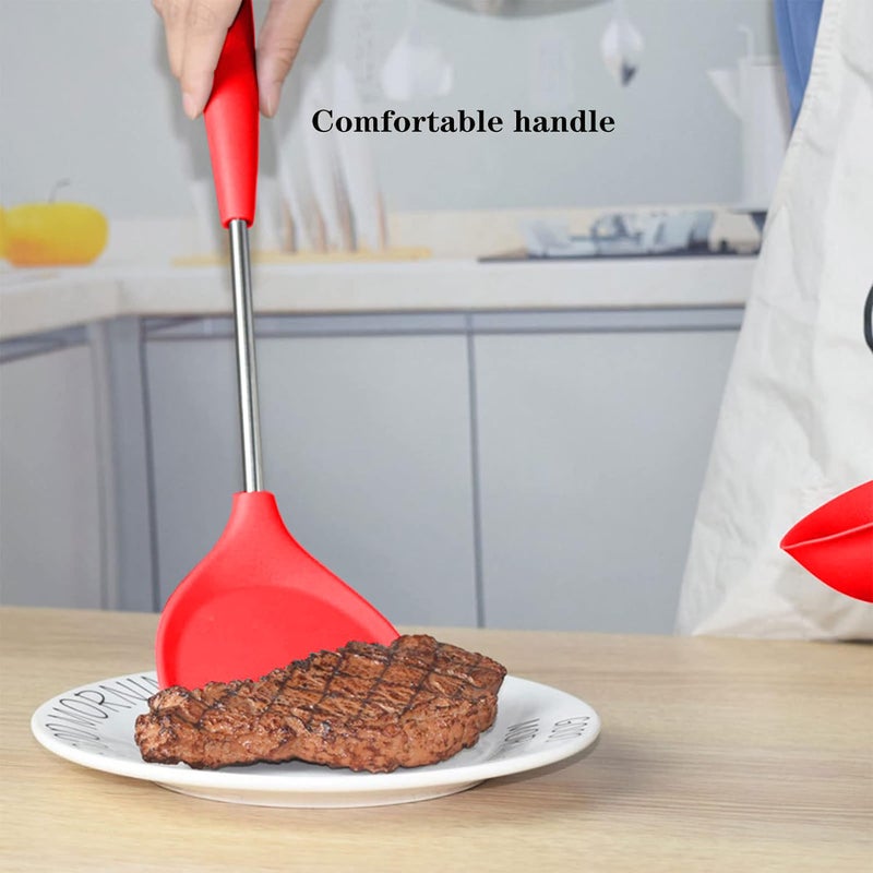 WOODTULA WOODTULA Slotted Spoon Silicone Turner Spatula Spoon Fork Silicone Pasta Server Best Turner Spatulas Spagethi Server Egg Flipper Non Stick Slotted Kitchen Spatulas Palta for Kitchen Set of 2 Red  - Image 5