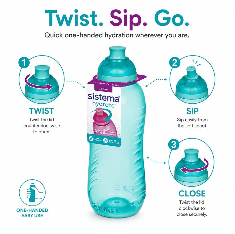 Sistema 330ML Squeeze Water Bottle, BPA Free Leak-Proof Reusable Sports Drinking Bottle, Lightweight Easy-Squeeze Bottle for School, Kids, Nursery, Sports, Travel & Everyday Hydration - Green - Image 2