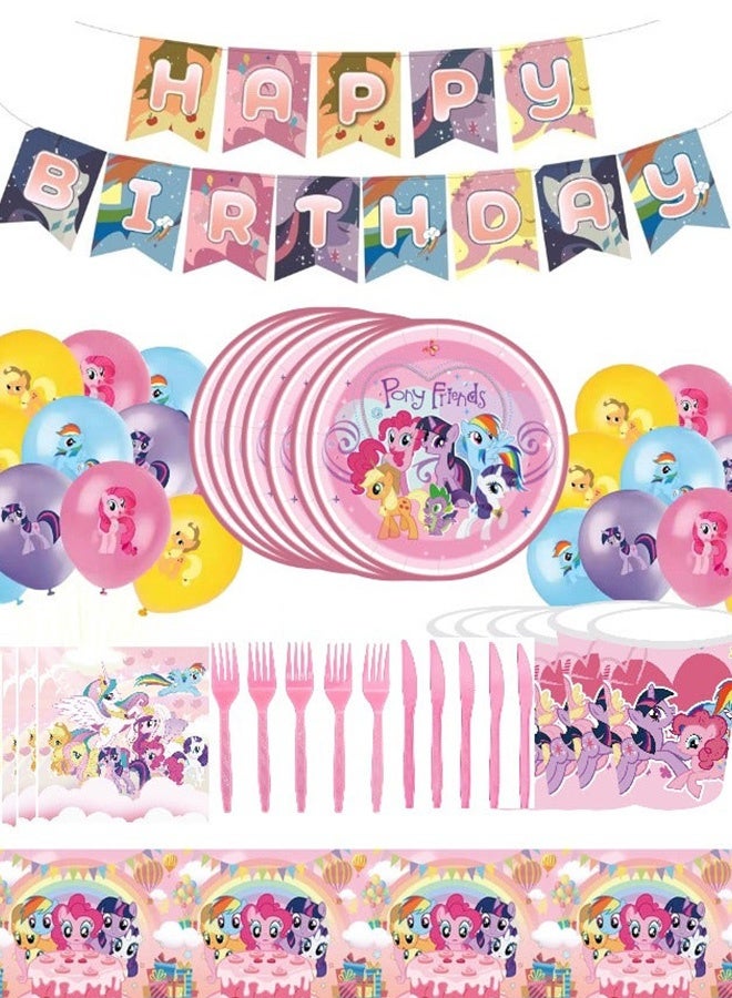 68 قطعة مجموعة مستلزمات حفلة عيد ميلاد على طراز My Little Pony لافتة، مفرش طاولة 16 بالونًا أطباق أكواب مناديل شوك وسكاكين لحفلات أعياد ميلاد الأطفال والتجمعات العائلية في الأعياد والاحتفالات المنزلية ديكور حفلة على طراز الرسوم المتحركة للفتيات - Image 1