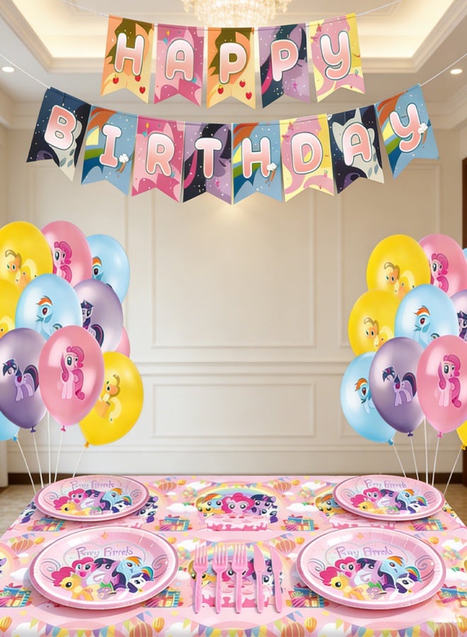 68 قطعة مجموعة مستلزمات حفلة عيد ميلاد على طراز My Little Pony لافتة، مفرش طاولة 16 بالونًا أطباق أكواب مناديل شوك وسكاكين لحفلات أعياد ميلاد الأطفال والتجمعات العائلية في الأعياد والاحتفالات المنزلية ديكور حفلة على طراز الرسوم المتحركة للفتيات - Image 3