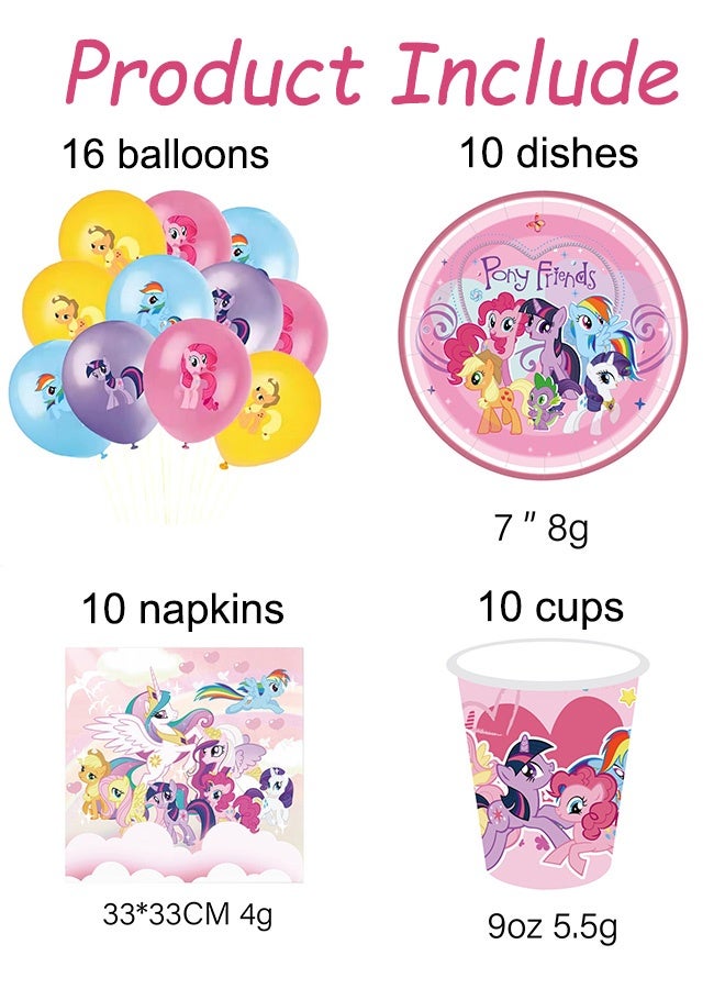 68 قطعة مجموعة مستلزمات حفلة عيد ميلاد على طراز My Little Pony لافتة، مفرش طاولة 16 بالونًا أطباق أكواب مناديل شوك وسكاكين لحفلات أعياد ميلاد الأطفال والتجمعات العائلية في الأعياد والاحتفالات المنزلية ديكور حفلة على طراز الرسوم المتحركة للفتيات - Image 5