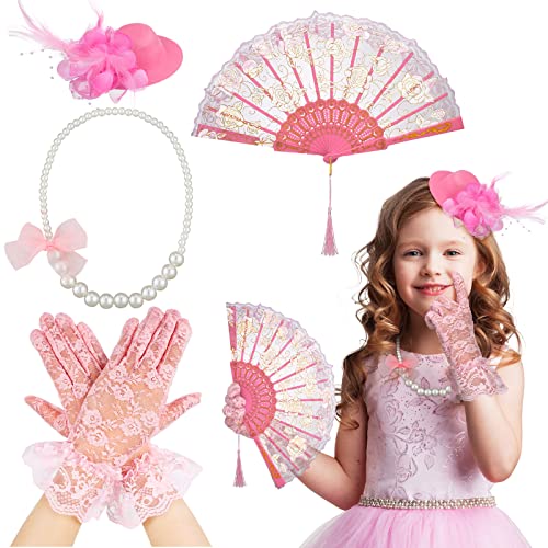 Sintege 4 Pcs Girls Tea Party Set Girls Tea Party Accessories Gloves Hats Necklace Fans for ToddlerPink - Image 1