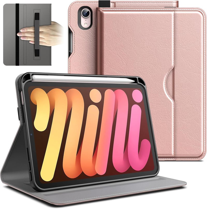 Jetech Case For Ipad Mini A17 Pro, 2024 Model, 7Th Generation / Mini 6 2021 Model, 6Th Generation , Pu Leather Business Folio Protective Tablet Cover With Pencil Holder & Pocket Rose Gold - Image 1