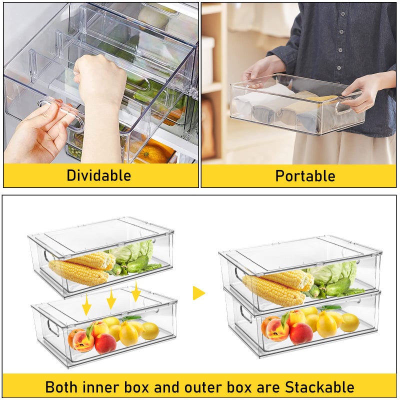 Greenby 4 Pack Refrigerator Organizer Bins with Pull-out Drawer Stackable Clear Fridge Drawer Organizer Fruit Vegetable Storage Containers for Kitchen Pantry Organization (2 Large+2 Small) - Image 3