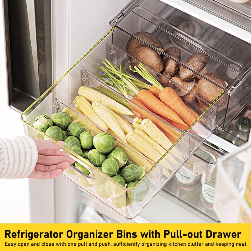 Greenby 4 Pack Refrigerator Organizer Bins with Pull-out Drawer Stackable Clear Fridge Drawer Organizer Fruit Vegetable Storage Containers for Kitchen Pantry Organization (2 Large+2 Small) - Image 2