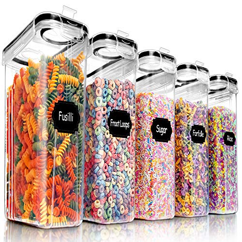 PRAKI 5PCS Cereal Containers Storage Set, BPA Free Airtight Food Storage Container Set with Lids, Kitchen Pantry Organization and Storage for Sugar, Baking Supplies with 20 Labels & Mark(4L Black) - Image 1