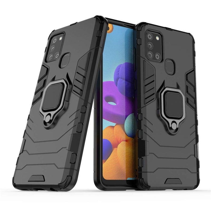 MaiJin Compatible with Galaxy A21s Case Metal Ring Grip Kickstand Bumper Works with Magnetic Car Mount Dual Layer Rugged Cover for Samsung Galaxy A21S Black