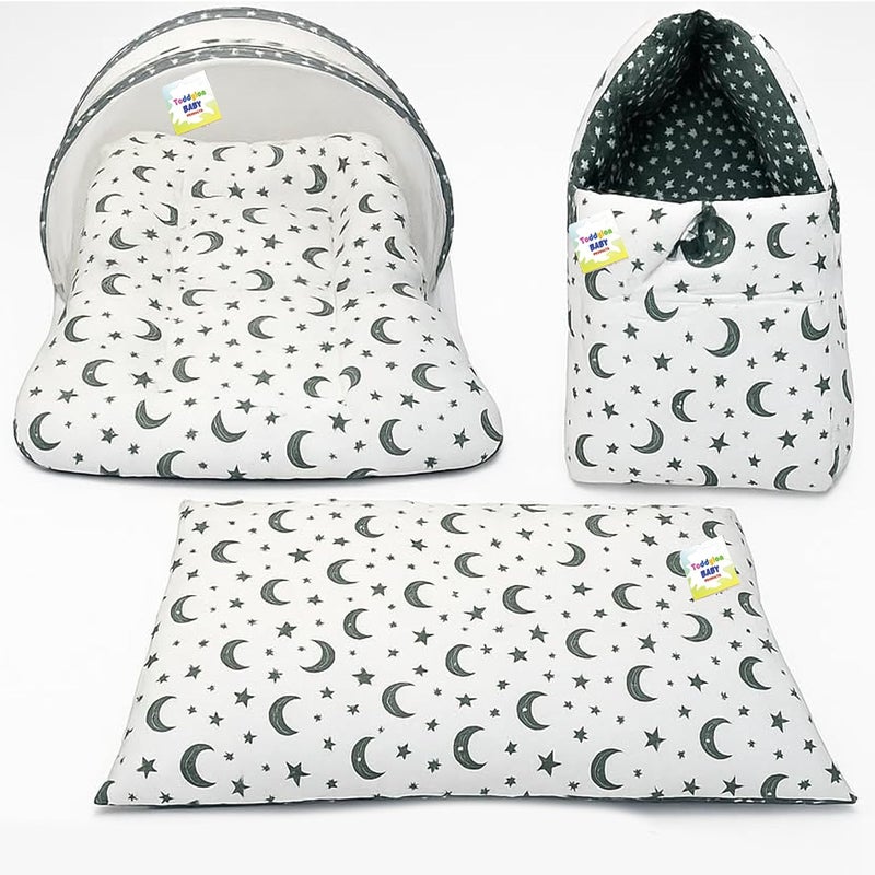 Toddylon Flat Bed Baby Bedding Set Mattress with Net New Born Carry Bag & Gaddi (0-6 Months) (3PCS Set) Grey - Image 1