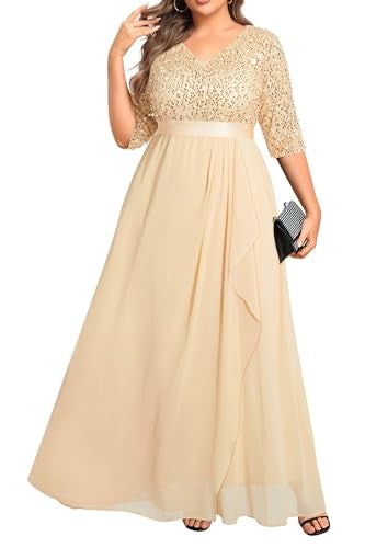 Talisea Champagne Dress for Women Plus Size Wedding Guest Gold Sequin Bridesmaid Mother of the Bride Formal Gowns Long Dress - Image 1