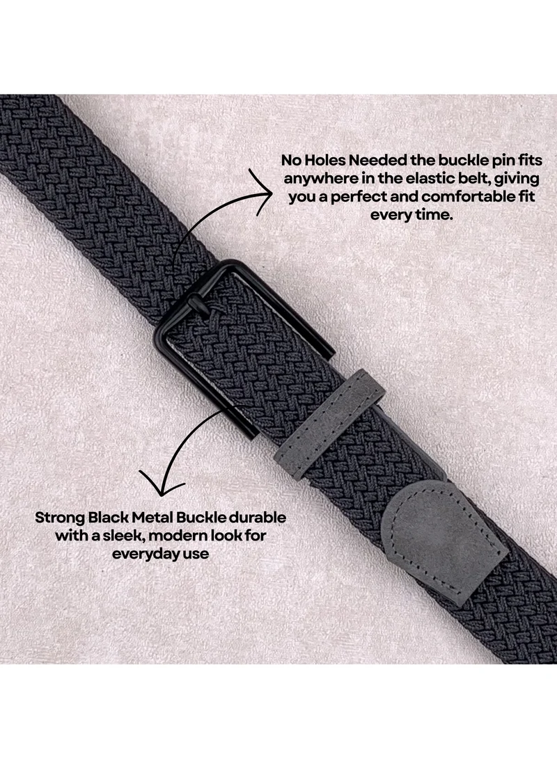Classic Milano Grey (DWE-311) Classic Milano Braided Cotton Elastic Stretch Belt for Men & Women, Woven Canvas Web Belt with Gift Box, Adjustable Men's Belt | Full Length: 110CM (Free Size - Fits up to the waist of 40 Inches / 100 CM)  | Best Price UAE
