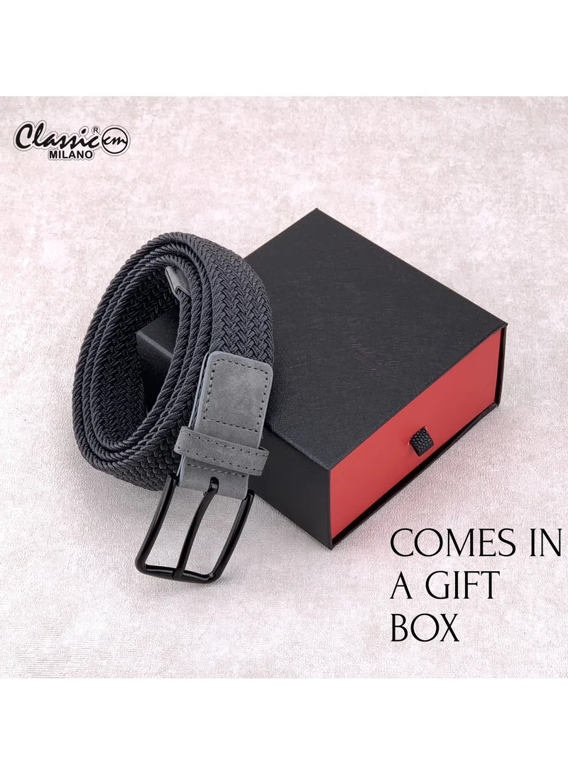 Classic Milano Grey (DWE-311) Classic Milano Braided Cotton Elastic Stretch Belt for Men & Women, Woven Canvas Web Belt with Gift Box, Adjustable Men's Belt | Full Length: 110CM (Free Size - Fits up to the waist of 40 Inches / 100 CM)  | Best Price UAE