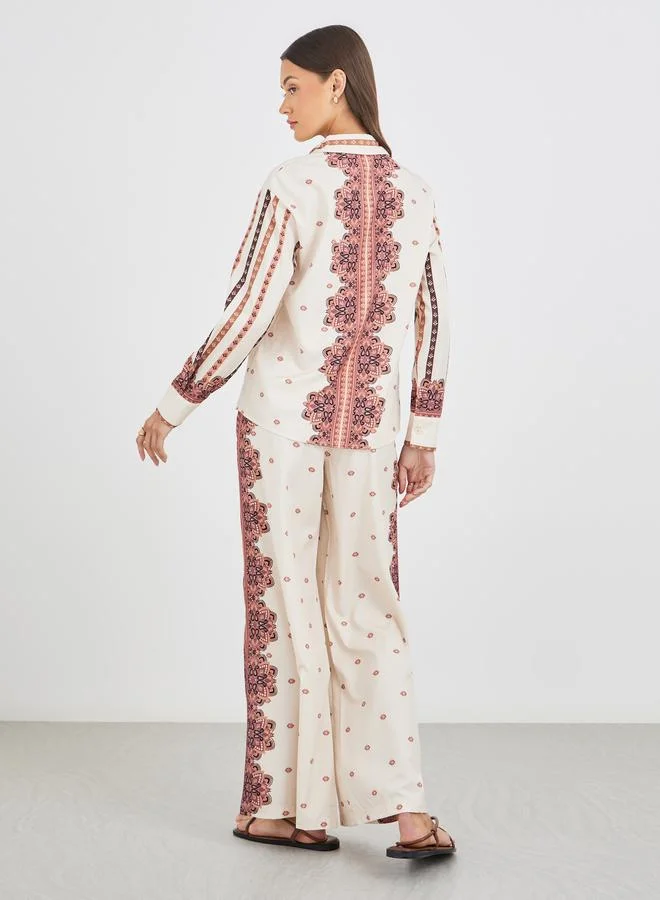 Styli Styli Printed Long Sleeve Shirt and Wide Leg Pants Co-Ords