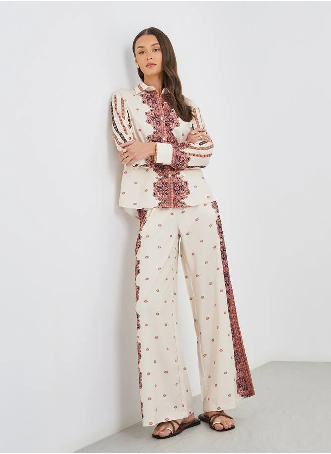 ستايلي Styli Printed Long Sleeve Shirt and Wide Leg Pants Co-Ords