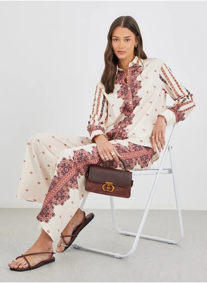 ستايلي Styli Printed Long Sleeve Shirt and Wide Leg Pants Co-Ords