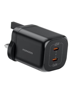 porodo GaN Dual Type-C Port Quick Charger UK PD 45W Fast Charging with Simultaneous Charging & Built-In Safeguards - Black  - Image 1