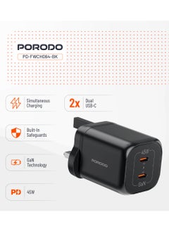 porodo GaN Dual Type-C Port Quick Charger UK PD 45W Fast Charging with Simultaneous Charging & Built-In Safeguards - Black  - Image 2