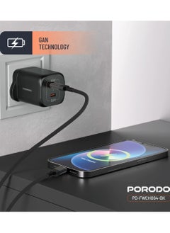porodo GaN Dual Type-C Port Quick Charger UK PD 45W Fast Charging with Simultaneous Charging & Built-In Safeguards - Black  - Image 3
