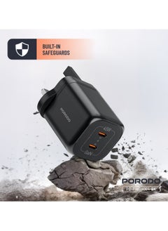 porodo GaN Dual Type-C Port Quick Charger UK PD 45W Fast Charging with Simultaneous Charging & Built-In Safeguards - Black  - Image 4