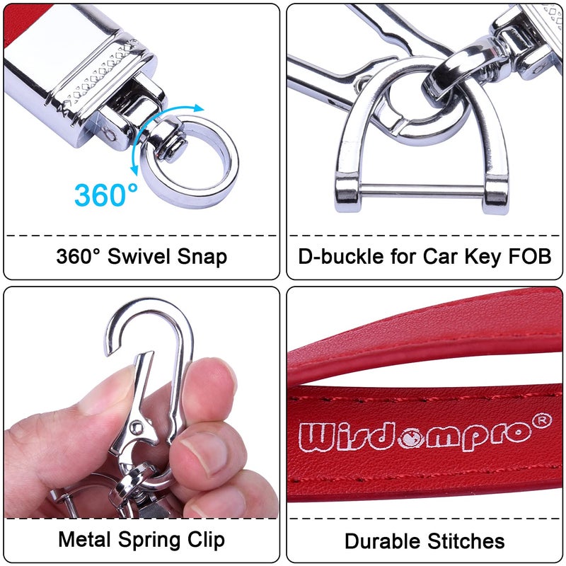 Wisdompro Genuine Leather Car Keychain, Universal Heavy Duty Leather Key FOB Keychain Key Chains Women for Car Keys, 360 Degree Rotation, with Anti-lost D-ring and 3 Keyrings - Red - Image 3