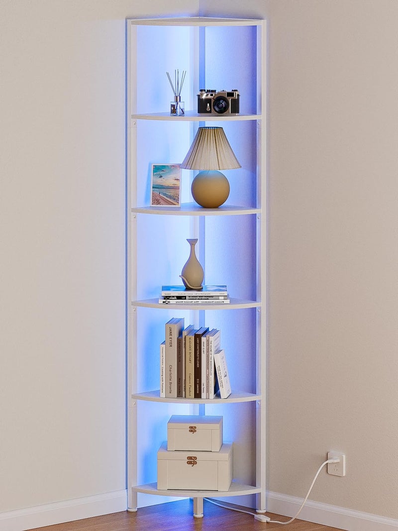 Furnulem 6 Tier Corner Shelf with LED Light, 67.5â€ Tall Standing Shelf Organizer, White Narrow Bookshelf with Storage Rack for Wall Corner, Living Room, Bedroom, Metal Frame, Wood Display Shelf - Image 1