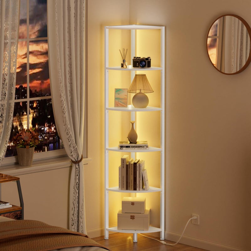 Furnulem 6 Tier Corner Shelf with LED Light, 67.5â€ Tall Standing Shelf Organizer, White Narrow Bookshelf with Storage Rack for Wall Corner, Living Room, Bedroom, Metal Frame, Wood Display Shelf - Image 3
