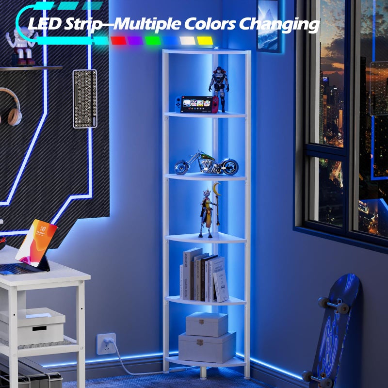Furnulem 6 Tier Corner Shelf with LED Light, 67.5â€ Tall Standing Shelf Organizer, White Narrow Bookshelf with Storage Rack for Wall Corner, Living Room, Bedroom, Metal Frame, Wood Display Shelf - Image 5