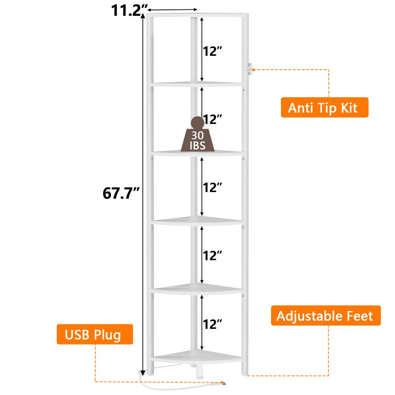 Furnulem 6 Tier Corner Shelf with LED Light, 67.5â€ Tall Standing Shelf Organizer, White Narrow Bookshelf with Storage Rack for Wall Corner, Living Room, Bedroom, Metal Frame, Wood Display Shelf - Image 2