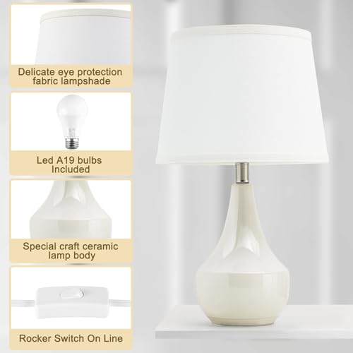 GyroVu 18" Table Lamp Set of 2, Ceramic Table Lamp Classic Beside Lamps Nightstand Lamp Modern Lamp for Living Room, Bedroom & Office Rocker Swtich Cream-LED Bulbs Included - Image 4