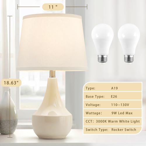 GyroVu 18" Table Lamp Set of 2, Ceramic Table Lamp Classic Beside Lamps Nightstand Lamp Modern Lamp for Living Room, Bedroom & Office Rocker Swtich Cream-LED Bulbs Included - Image 2