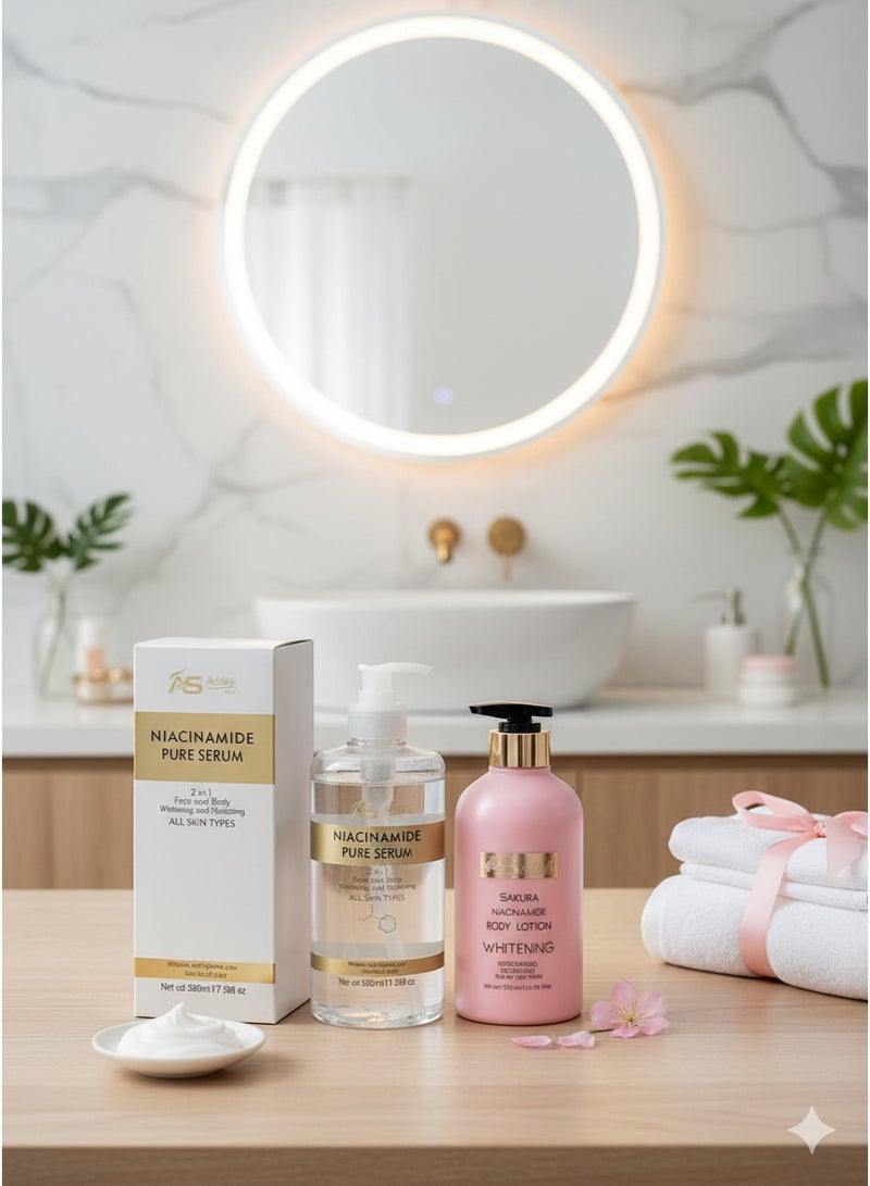 آشلي مصل أشلي شاين نياسيناميد النقي 2 في 1 لتبييض الوجه والجسم وترطيب البشرة 520 مل ومستحضر تبييض الجسم ساكورا نياسيناميد من شاويل 500 مل - Image 2