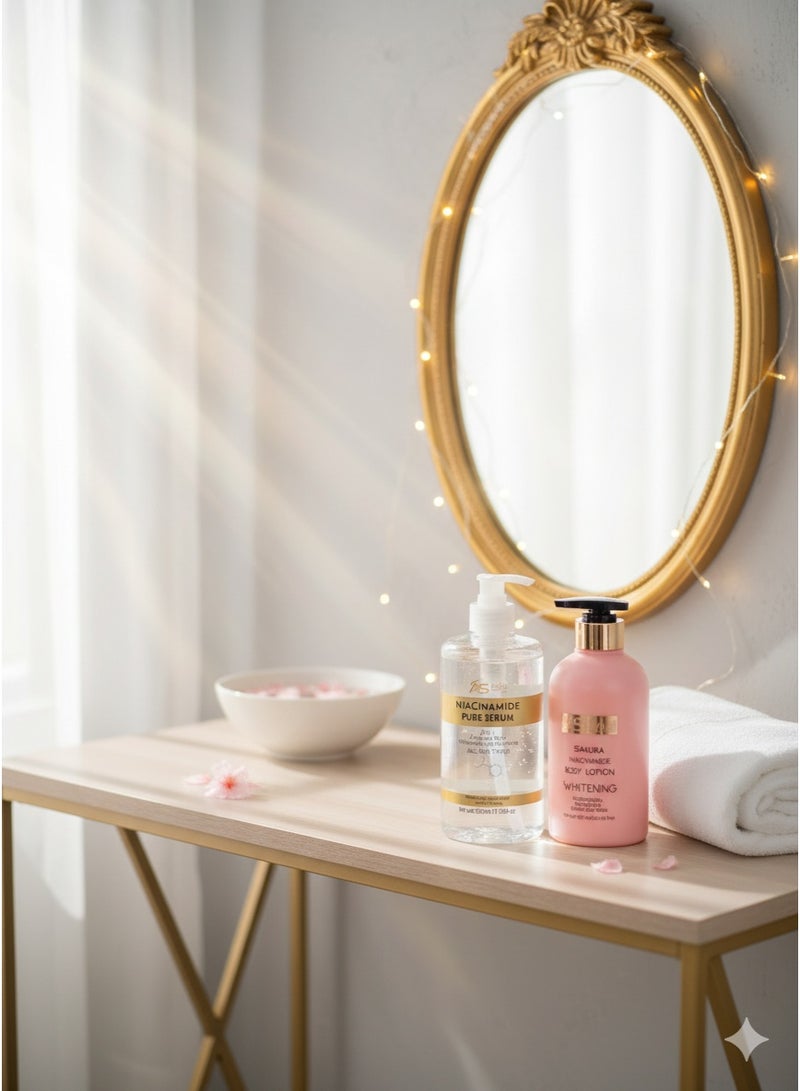 آشلي مصل أشلي شاين نياسيناميد النقي 2 في 1 لتبييض الوجه والجسم وترطيب البشرة 520 مل ومستحضر تبييض الجسم ساكورا نياسيناميد من شاويل 500 مل - Image 3