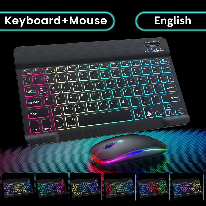 Wireless RGB Backlit Bluetooth Keyboard and Mouse Combo 10 inch gradient backlight keyboard luminous charging mouse-black set