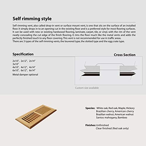 WELLAND 6 Inch x 14 Inch Red Oak Hardwood Vent Floor Register Self Rimming Unfinished - Image 5
