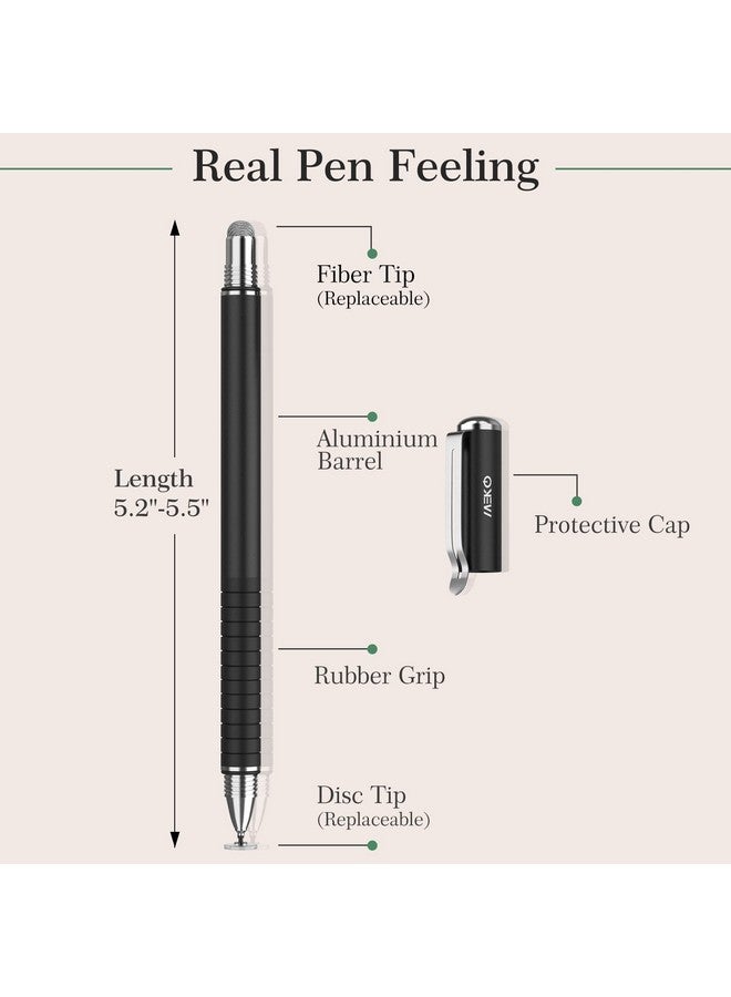 MEKO Universal Stylus,[2 in 1 Precision Series] Disc Stylus Touch Screen Pens for All Capacitive Touch Screens Cell Phones, Tablets, Laptops Bundle with 6 Replacement Tips - (2 Pcs, Black/Black) - Image 2