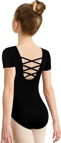 MOLLDAN Girls Dance Ballet Leotards Short Sleeve Criss Cross Straps Back(2QT5027-06-L) - Image 1