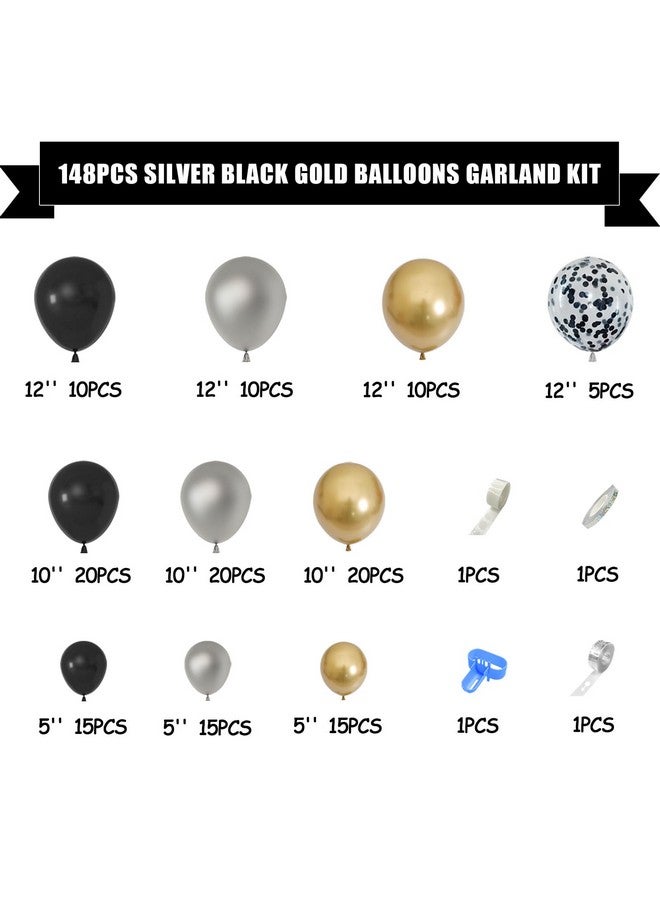 Amandir 144Pcs Black And Gold Balloons Garland Arch Kit, 18''12''5'' Silver Metallic Gold Black Confetti Foil Balloons For Men Graduation Birthday Decorations Black And Gold Party Supplies - Image 2