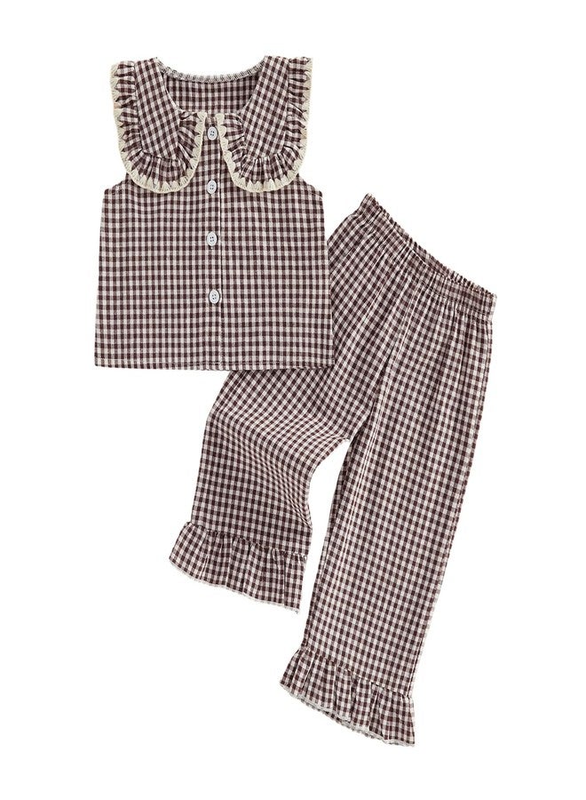 Thilsidee Toddler Kids Baby Girl Plaid Outfits Summer Sleeveless Ruffle Button Shirt Tops Pants Two Piece Gingham Clothes Set (A-Coffee, 3-4T) - Image 1
