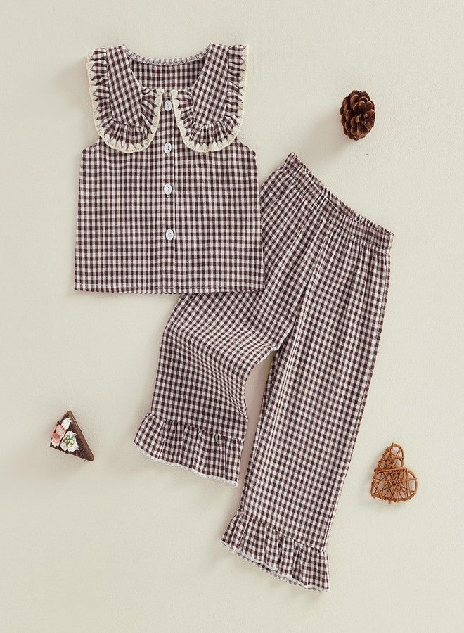 Thilsidee Toddler Kids Baby Girl Plaid Outfits Summer Sleeveless Ruffle Button Shirt Tops Pants Two Piece Gingham Clothes Set (A-Coffee, 3-4T) - Image 2