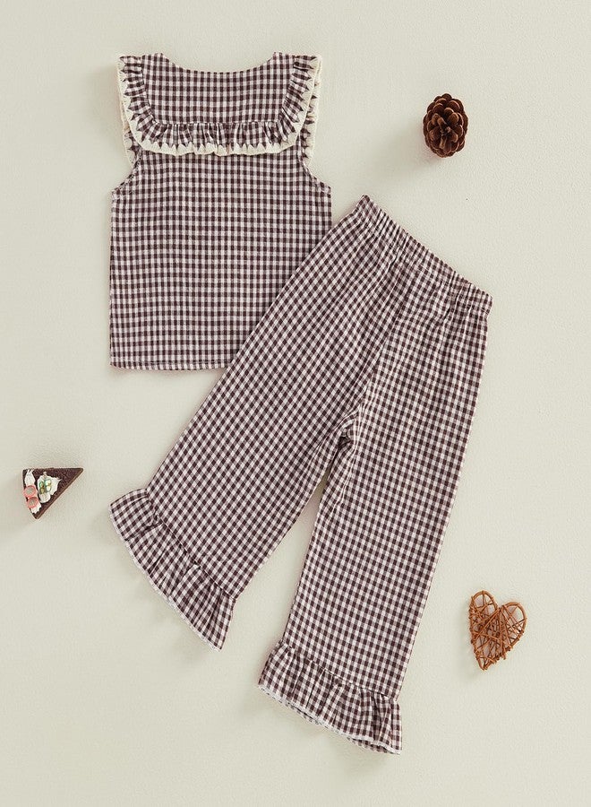 Thilsidee Toddler Kids Baby Girl Plaid Outfits Summer Sleeveless Ruffle Button Shirt Tops Pants Two Piece Gingham Clothes Set (A-Coffee, 3-4T) - Image 3