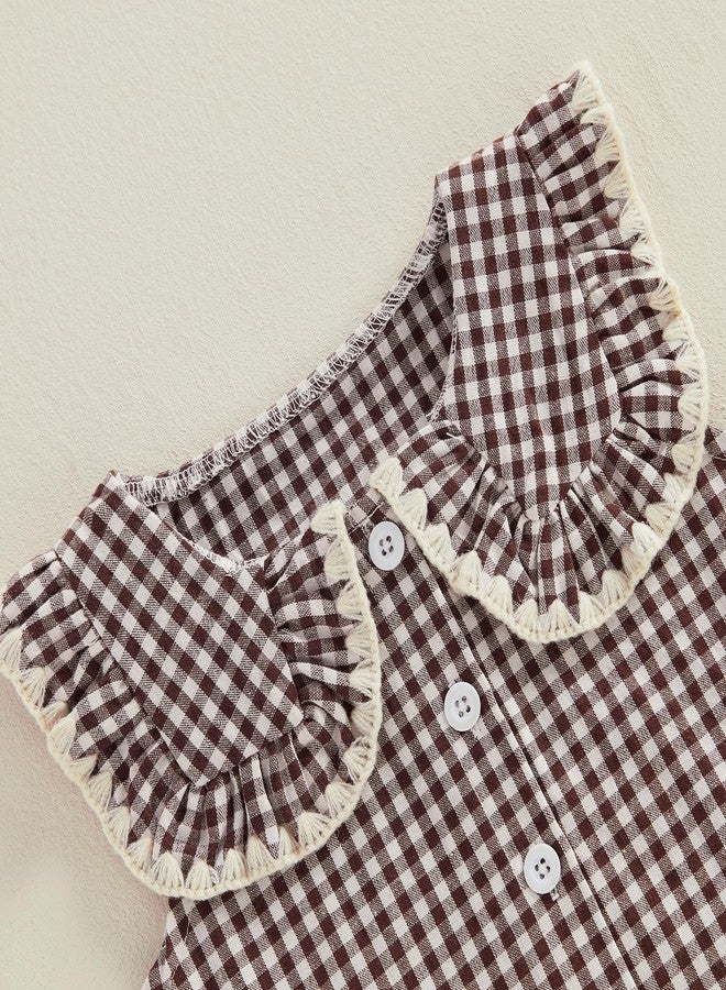 Thilsidee Toddler Kids Baby Girl Plaid Outfits Summer Sleeveless Ruffle Button Shirt Tops Pants Two Piece Gingham Clothes Set (A-Coffee, 3-4T) - Image 4