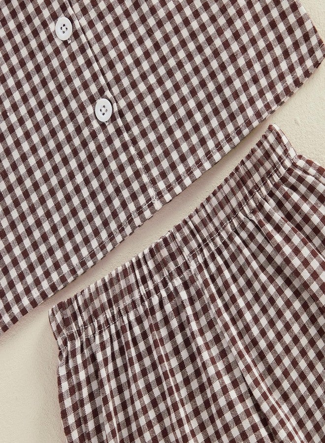 Thilsidee Toddler Kids Baby Girl Plaid Outfits Summer Sleeveless Ruffle Button Shirt Tops Pants Two Piece Gingham Clothes Set (A-Coffee, 3-4T) - Image 5